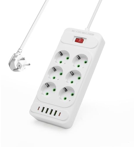 Steckdosenleiste 12 n 1 Mehrfachsteckdose mit USB, 2500W Steckerleiste mit Schalter, 6 Fach Steckdosen und 4 USB-A und 2 Typ-C, Mehrfachstecker mit 2M Verlängerungskabe für Haushalt, Büro