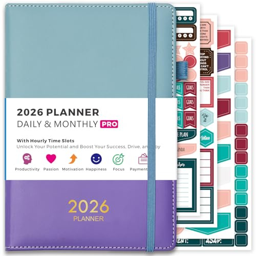 2026 dagbok – A5-dagbok 2026 en sida per dag, jan 2026 - dec 2026 daglig och månadsplanerare med månatliga flikar, 4 planeringsklistermärken, 14,5 x 21 cm, mötesbok för tidshantering och produktivitet