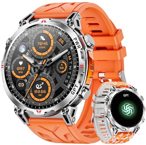 Reloj inteligente militar con GPS/Brújula, reloj inteligente con asistente de voz GPT, Pantalla AMOLED de 1,56 para, compatible con Android y iOS (marcación Bluetooth),modos deportivos (Naranja)