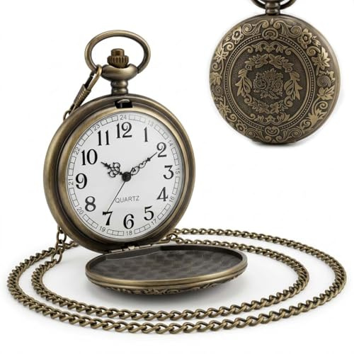 NYVOR Montre Gousset Homme, Vintage Quartz Montre de Poche avec Chaîne, Bronze Chiffres Romains Classiques Montre en Alliage pour Hommes Femmes Papa Fête D’Anniversaire