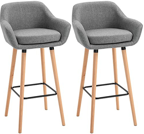 HOMCOM Set of 2 Bar Stools Modern Upholstered Seat Bar Chairs w/Metal Frame, Solid Wood Legs Living Room Dining Room Fabric Furniture - Grey