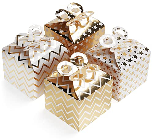 Belle Vous Weiß & Goldene Geschenkboxen mit Schleifen (36er Pack) - 9,5 x 8 cm - Zick-Zack & Sternen-Muster Geschenke Box - Kindergeburtstage, Gebäck, Baby-Partys & Hochzeiten