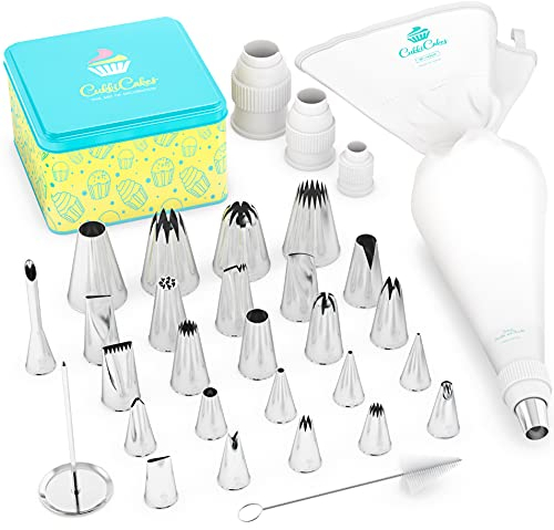 CukkiCakes Kit de pâtisserie professionnel (31pcs): poche à douille reutilisable (45cm) + 26 douilles pâtisserie + 3 coupleurs - Pour décorer gâteaux et cupcakes - Made in Korea & Japan