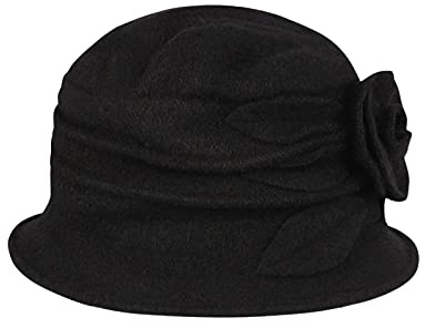 Women's Wool Vintage Felt Cloche Bucket Bowler Hat - Ladies Winter Crushable 1920s Fedora Trilby Cap - Round Church Hat With Bow Flower