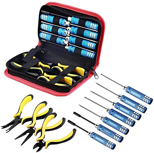 CENPEK Kit d'outils 10 en 1 pour télécommandé, tournevis, pince, manchon hexagonal, kit de réparation pour voiture, bateau, quadricoptère, hélicoptère, modèles multirotors
