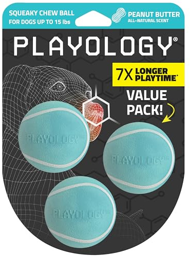 Playology Giocattoli per cani Palla da masticare che squittisce - Palla galleggiante resistente e rimbalzante per cani, set da 3 | Piccolo giocattolo profumato al burro di arachidi