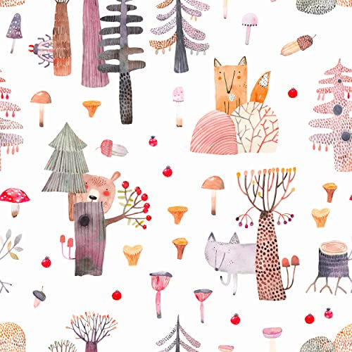 decomonkey Fototapete selbstklebend Kinder Kinderzimmer Tapetenrolle 10 m Tapete Vliestapete Deko Panel Modern Design Wanddeko Wandtapete | Pilze Wald Herbst Wolf Bäum Tiere Bär Fuchs