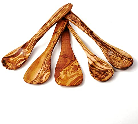 Set di 5 spatole, cucchiai da cucina, cucchiaio con angolo + posate da insalata in legno d'ulivo, 30 cm, cucchiai in legno, cucchiaio da cucina in legno d'ulivo