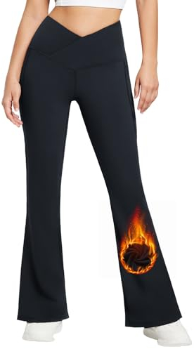 baleaf Yogahose Damen Thermo Bootcut Yogahosen Lang Mit Taschen Fleece Lined gefüttert Kreuz High Waist Schlaghose Weites Bein Relaxhose Gym Work Causal Schwarz M