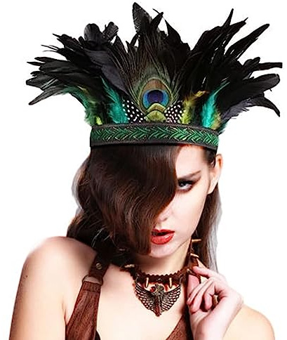 Moonlove Handmade Feather Headdress Indian Peacock Fascinator Decorative Headpiece Boho Crown Headwear Ethnic Carnival Costume Headband Gypsy Halloween Prom Hair Accessories