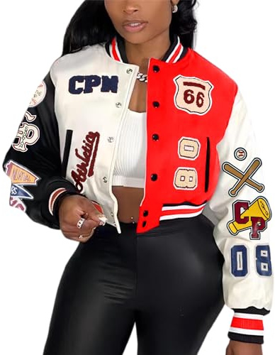 Glitrandi Varsity Jacket for Women Jacket with Patches Cropped Bomber Leather Jacket Woman Winter Spring 2025 S-XXL