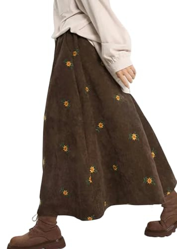 MdybF Gonna Jeans Donna Donne Autunno Inverno Velluto Ricami A Velluto Sciolte Floreali Casual retrò-caffè