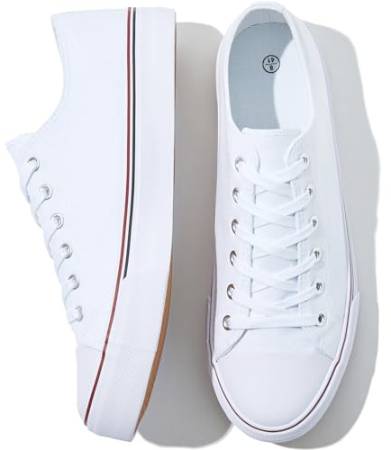 FRACORA Womens White Black Canvas Sneakers Low Top Canvas Shoes for Women Tennis Shoes(White,US7)