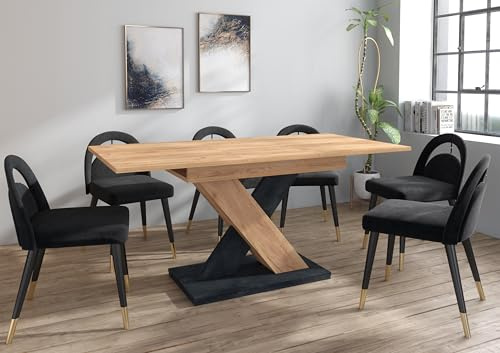 Furneo Enzo 01 – Modern Extendable Dining Table, 120–160 cm, Oak and Black Concrete Effect Finish