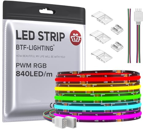 BTF-LIGHTING FCOB COB RGB flexibel LED-remsa med hög densitet DC24 V 5 m 840LEDs/M 4 200 lysdioder 16 W/M 10 mm PCB svart LED-remsa, flerfärgad, IP30, icke-vattentät för heminredning (endast band)