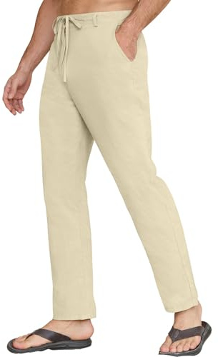 CheChury Pantalones Lino Hombre Verano Pantalones Largos con Bolsillos Casual Pantalone Anchos Pierna Estrecha Cintura Elástica Pantalón Lino Algodón Playa Pantalón Verano Hombre Vacaciones Playa