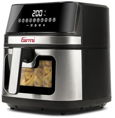 Girmi FG80 Friggitrice ad Aria 8Litri, 2200 W, Display digitale, 10 programmi, Capacità 8 Litri, Camera di cottura in metallo, Doppia resistenza, Ricettario incluso, Nero/Inox