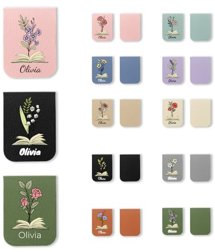 FIDWALL Set di 3 Segnalibri Magnetici Personalizzati – Segnalibro Magnetico in Pelle PU con Nome e Fiore del Mese – Segnalibri Personalizzati Ideali per Lettori, Studenti e Amanti dei Libri