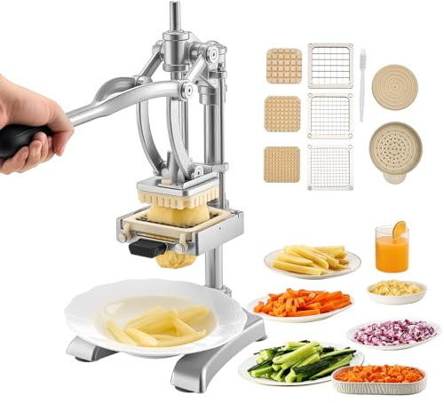 VEVOR Tagliapatate Commerciale, in Acciaio Inossidabile con 3 Lame di Ricambio,12,7/9,525/6,35 mm, una Lama per Spremitura Tagliapatate Manuale con Maestria per Ristoranti, Caffè, Bistrot