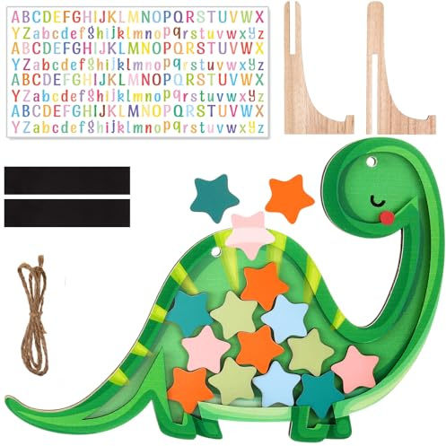 Yaomiao Magnetic Reward Jar Set DIY Name Wooden Reward Jar Personalized Star Chart with Colorful Letter Sticker Stand Toddler Good Behavior Management Tools Back to School Home Chore Chart(Dinosaurs)