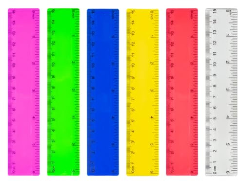 JUGUTA Lot De 6 Règles En Plastique De 15 Cm, Multicolores, Transparentes, Avec Centimètres Et Pouces Pour L'École, Le Bureau, La Maison