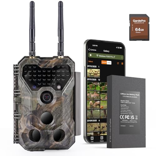 Meidase P300 Pro Fototrappola, Batteria Incorporata 7800mAh, WiFi 50m Portata, Doppia Antenna, 64MP 1296P, Visione Notturna, Rilevamento Movimento, Impermeabile, Trasferimento App, Con Scheda SD 64GB