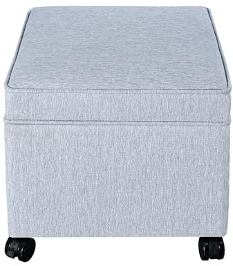 Adeco 17.5 Square Fabric Ottoman with Storage, Upholstered Cotton Linen Foot Rest, Flip Top Footstool, Small Cube Coffee Table Extra Seat for Living Room, Bedroom, Ice Blue with Rolling Legs
