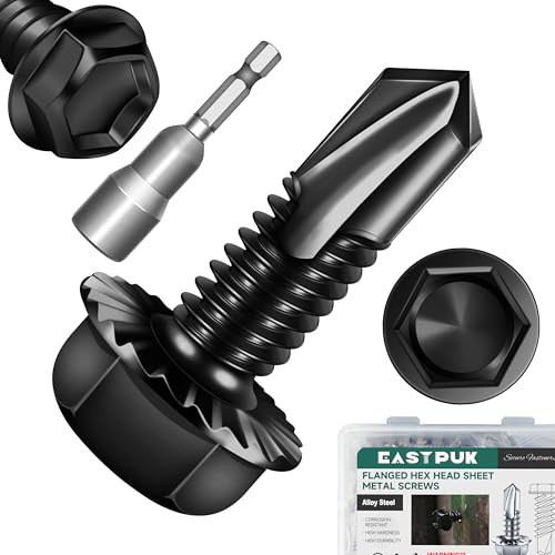 EASTPUK 25Pcs #12 x 3/4 Sheet Metal Screws, Black Oxided Serrated Flanged Hex Head Self Drilling Screw, Diamond Point Self Tapping Screws, 410 Stainless Steel Fast Tapping with Socket