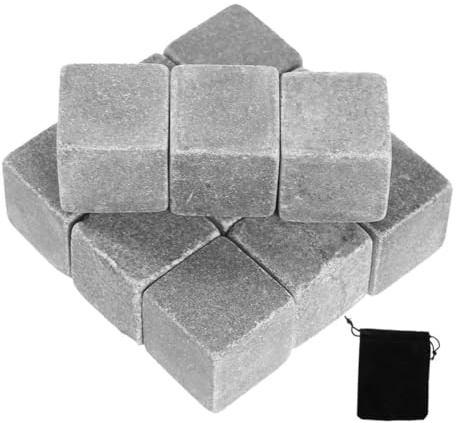 VALICLUD Set da 12 Pietre per Raffreddamento del Whisky in Marmo Riutilizzabili, Cubetti di Ghiaccio per Vino e Whisky Sacchetto in Velluto, Accessori per Bar e Feste Raffreddamento