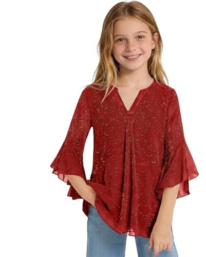 Haut Manches 3/4 Col V Paillettes Volants Décontracté Été pour Fille Tee Shirt Fille t Shirt Fille pour Enfant Élégant pour ado Quotidien Loisirs Danse Vetement Fille