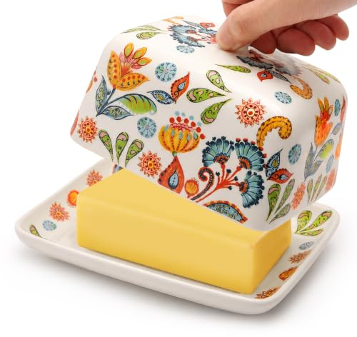 Mantequera de Cerámica de 360 g: Hermética y Apta para Lavavajillas Mantequera con Tapa para Ama de Casa-Estilo Campestre Mantequera con Dibujado a Mano para Nevera & Decoración de Mesa Regalo
