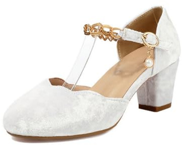 Women's T-Strap Chain Pearl Block Heel Mary Jane Round-Toe Events Pumps Velvet Footwear for Office Formal Bridal Daily Evening Wear White