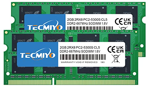 TECMIYO 4GB Kit (2x2GB) PC2 5300s DDR2 667MHz 2RX8 Dual Rank PC2-5300 DDR2-667 1,8V 200pin Sdram Sodimm Non-ECC Ungepuffertes SODIMM Laptop-Speicher-Ram-Modul