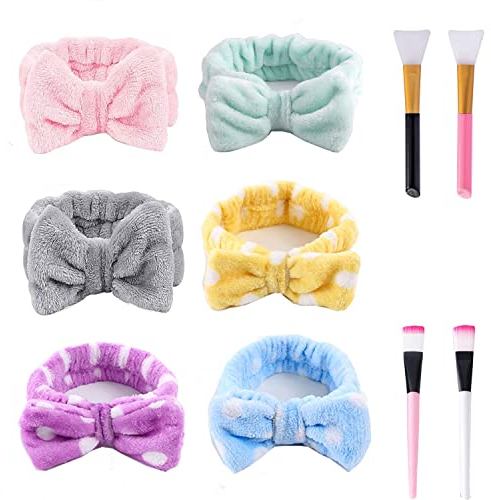 LadayPoa 6 stück Spa-Stirnbnder, Haarband Schminken, Frauen Coral Fleece Elastisches Stirnband mit 4 stück Maskenpinsel für Duschen, Gesichtswaschen Oder Sport Verwendet Werden Knnen (mix Farbe)