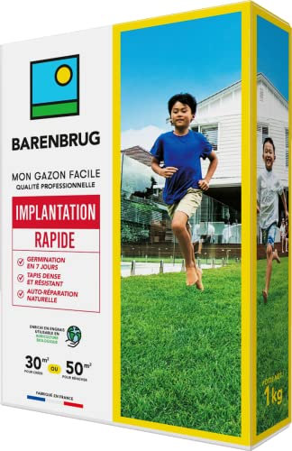 BARENBRUG - Gazon Implantation Rapide - Germination en 7 Jours - Tapis Dense et Résistant - Autoréparation Naturelle - Engrais Compatible Agriculture Biologique - Fabriqué en France - 1KG
