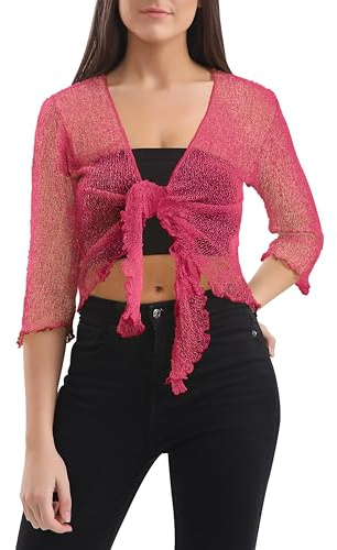 Love My Fashions® Women’s Fish Net Knitted Tie Up Bolero Shrug Top Ladies 3/4 Sleeve One Size Fits All Rose Pink
