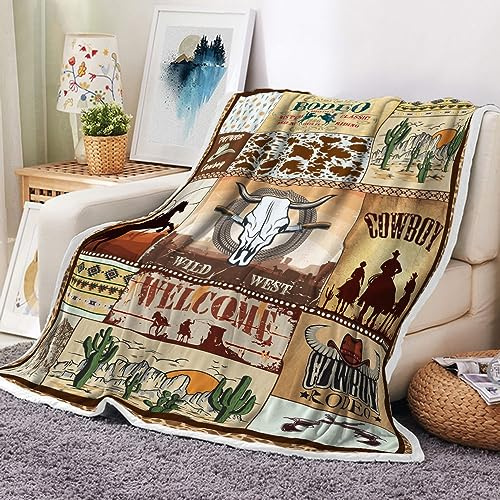 Western Retro Rustic Cowboy Hat Boot Throw Blanket, American Wild West Riding Horses Soft Flannel Blanket for Baby Boys Kids Adults Home Decoration 50X60in Brown