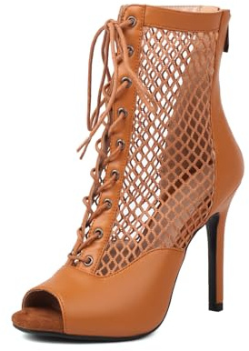 Uonpie Frauen Praxis Leistung Latein Tanz Stiefel Tanzschuhe 10 cm Absatz Mit Offener Zehen,Braun,43EU