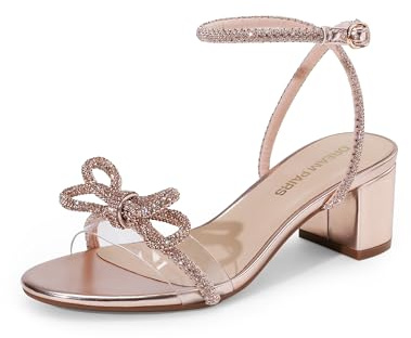 DREAM PAIRS Women's Double Bowknots Crystal Sandals Low Chunky Heels Clear Slingback Dress Shoes for Wedding Bridal Party,Size 8,Champagne,DWUMHS2559
