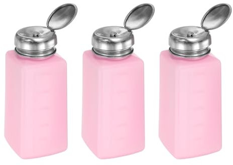 sourcing map 3pcs Solvent Alcohol Dispenser 250ml(8.5oz) Push Down Liquid Dispenser Pump Bottle with Sealing Stainless Steel Lid for Acetone Solution, Pink
