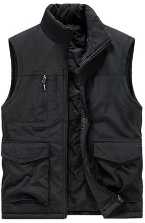 Cexiakong Chaleco para hombre con forro, sudadera para exteriores, chaleco cálido de forro polar, sin mangas, chaqueta térmica, cuello alto, chaleco de pesca con múltiples bolsillos, otoño e invierno,