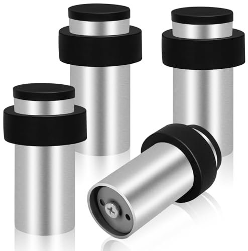 Lot de 4 butées de porte à fixer au sol, 10,2 cm, en acier inoxydable poli, butées de porte robustes avec extrémité en caoutchouc pour salle de bain, argenté