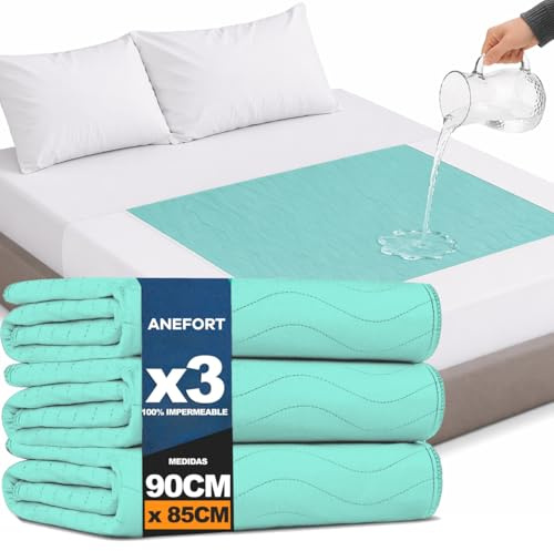 ANEFORT - Lot de 3 alèses pour lit adulte 90 x 85 cm lavables avec ailes - 4 couches de protection - Imperméable réutilisable absorbant - Alèses bébé et adulte - Protecteur de 90 cm et ailes de 45 cm