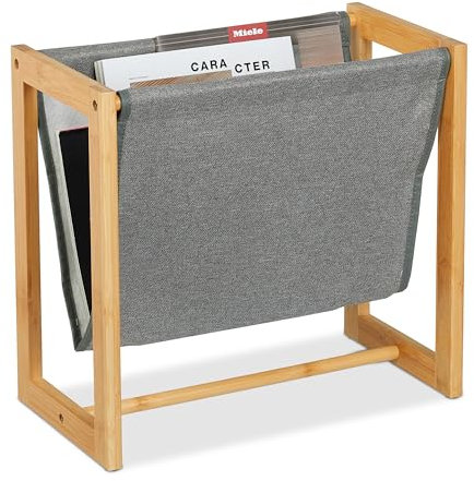 Relaxdays Zeitschriftenhalter, Bambus & Stoff, HBT: 37 x 39,5 x 21 cm, A4, Magazinhalter, Zeitungshalter, natur/grau