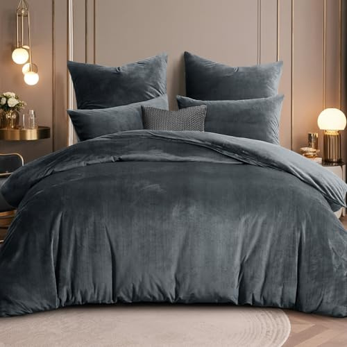 RUIKASI Biancheria da letto in flanella, 200 x 220 cm, 3 pezzi, grigio – calda biancheria da letto invernale in pile, set copripiumino con 2 federe 80 x 80 cm
