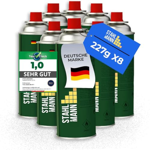 STAHLMANN® Gaskartuschen 227g [Made in EU] – Butangas Kartusche mit MSF-1a Ventil für Campingkocher, Grill, Gaskocher, Gasheizung,Unkrautbren – Gaskartuschen (8X 227g)