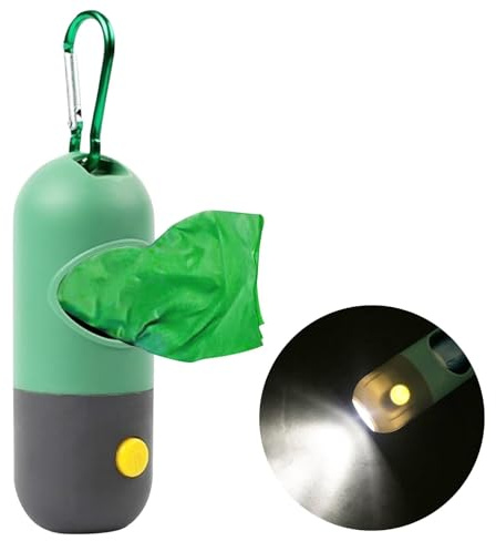 Distributore di sacchetti con torcia e moschettone – Dispenser di sacchetti per cani – Dispenser di sacchetti per escrementi per cani con 15 sacchetti per escrementi – Supporto per sacchetti per cani