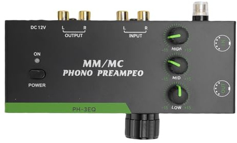 Plyisty Preamplificador fonográfico para Tocadiscos MM/MC, Entrada y Salida XLR de 5 Pines, Conector para Auriculares de 3,5 mm, ecualización de 3 Bandas, bajo (Enchufe de la UE)
