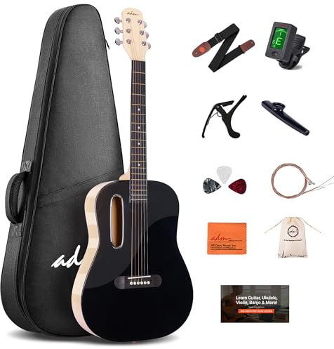 ADM Acoustic Guitar Kits for Beginners Adults - 38 Steel-String Guitars Bundle with Online Lesson Wooden Bowl Guitarra Starter Set Package with Bag, Strap, Picks, Capos, Kazoo, Black
