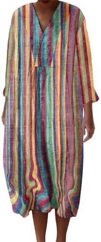 Robe Ete Femme Mi Longue Fluide Chic et Elegant Chemise Robes Manches Longues Ample Casuel A-Line Imprimé Fleur Robes Col V Ronde Bohème Robe De Soiree Femme Vintage Dress pour Fête Travail